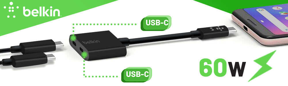 Adaptateur USB-C Vers Dual USB-C Femelle Charge Rapide 60W + Audio, Belkin - Noir 22 Adaptateur USB-C vers Double USB-C femelle 60W Belkin