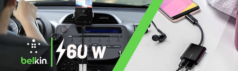 Adaptateur USB-C Vers Dual USB-C Femelle Charge Rapide 60W + Audio, Belkin - Noir 28 Adaptateur de charge USB-C 60W Belkin Charge rapide