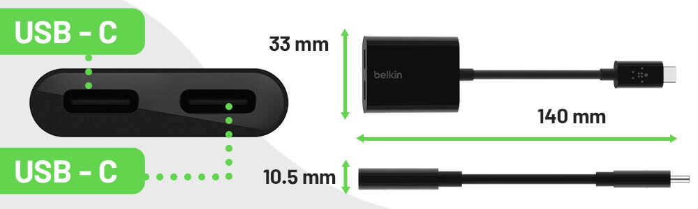 Adaptateur USB-C Vers Dual USB-C Femelle Charge Rapide 60W + Audio, Belkin - Noir 32 Adaptateur USB-C Charge 60W et audio compact Belkin Transport facile