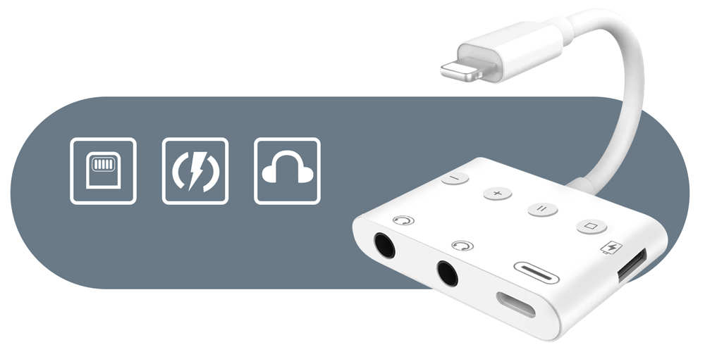 Adaptateur Audio Et Charge Lightning 4 En 1 Vers Double Jack 3.5mm / Lightning / USB-C 12cm, Splitter + Boutons De Contrôle, HL-108 - Blanc 20 lightning 4 en 1 vers Double Jack 3.5mm / Lightning / USB-C 12cm, Splitter + Boutons de Contrôle