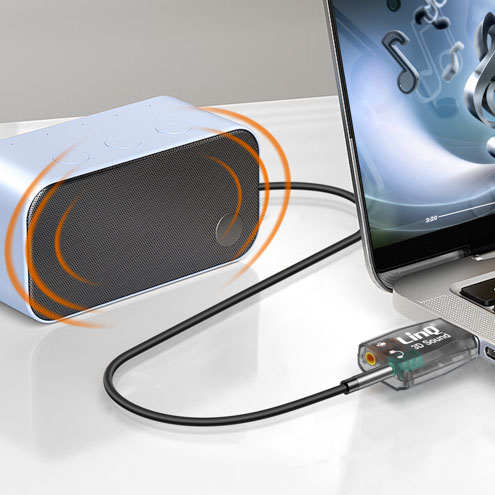 Carte son USB / Jack 3.5mm LinQ noir, pour connecter des écouteurs / casques / enceintes