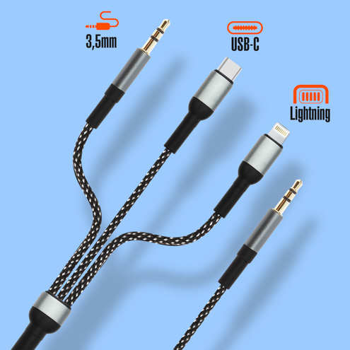 Câble audio 3 en 1 multi-embouts 1.5m noir LinQ avec connecteurs USB-C, Lightning, Jack 3.5mm
