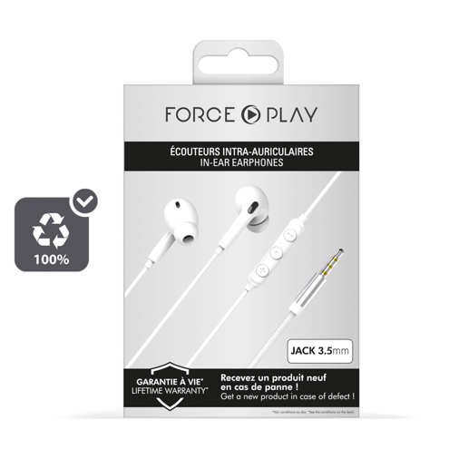Écouteurs Force Play Jack 3.5mm, Garantie à Vie Et 100% Matériaux Recyclés - Blanc 32 Écouteurs Filaires Jack 3.5mm Force Play Blanc avec Conception écologique