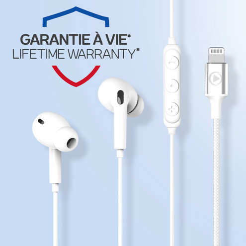Écouteurs Filaires Lightning Garantie à vie 100% Recyclés Blanc, Force Play