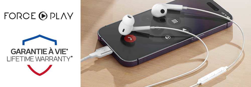 Écouteurs Filaires Lightning Garantie à vie 100% Recyclés Blanc, Force Play