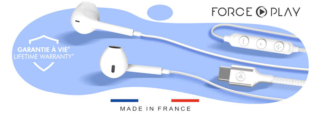 Écouteurs filaires USB-C durables et écologiques Force Play, Garantie à vie