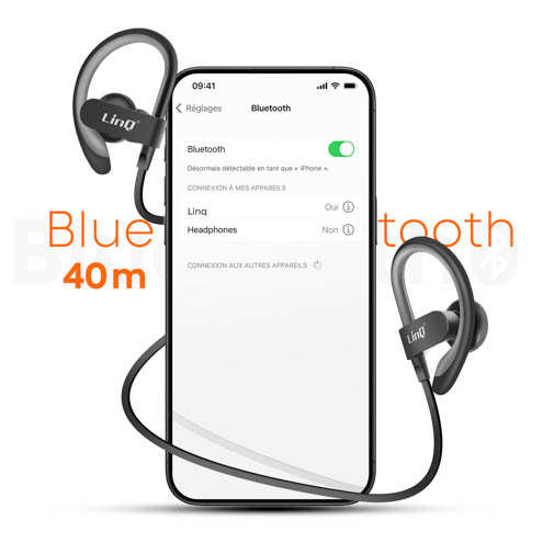 Écouteurs Bluetooth Sport LinQ Noir, Portée 40m - Tour De Cou 20 Écouteurs Bluetooth Sport LinQ Noir, Portée 40m - Tour de cou