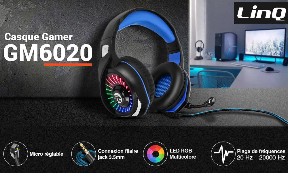 Casque Gamer Filaire Jack 3.5mm, Micro Réglable, Lumières RGB, LinQ GM6020