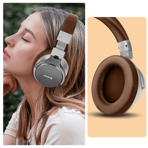 Casque Bluetooth 5.3 Extra Bass Étanche IPX3 Avec Autonomie 16 Heures, Swissten Jumbo - Marron / Argenté 26 Casque Bluetooth Swissten Jumbo Marron / Argenté assurant un port confortable