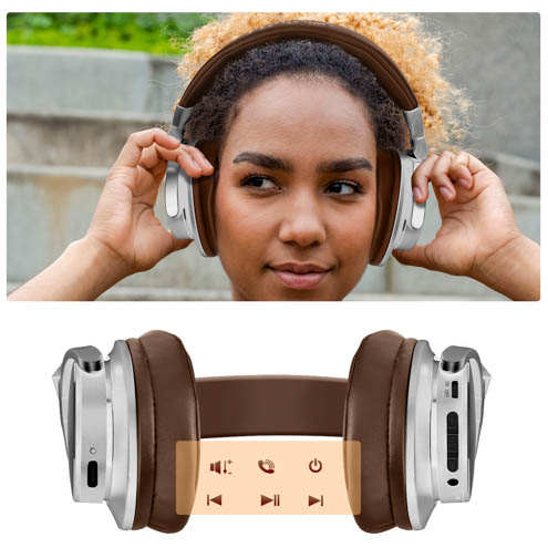 Casque Bluetooth 5.3 Extra Bass Étanche IPX3 Avec Autonomie 16 Heures, Swissten Jumbo - Marron / Argenté 28 Casque Sans Fil Bluetooth Swissten Jumbo Marron / Argenté boutons de commande intégrés