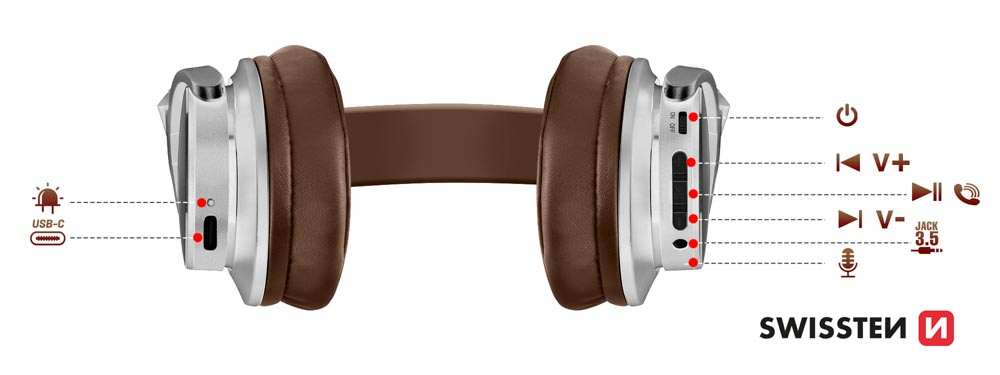 Casque Bluetooth 5.3 Extra Bass Étanche IPX3 Avec Autonomie 16 Heures, Swissten Jumbo - Marron / Argenté 20 Casque Bluetooth 5.3 Extra Bass Étanche IPX3 avec Autonomie 16 heures, Swissten Jumbo - Marron / Argenté