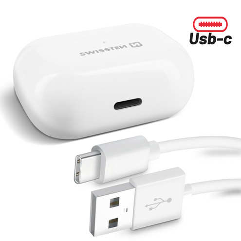 Écouteurs Minipods Swissten blanc Câble de charge USB-C inclus