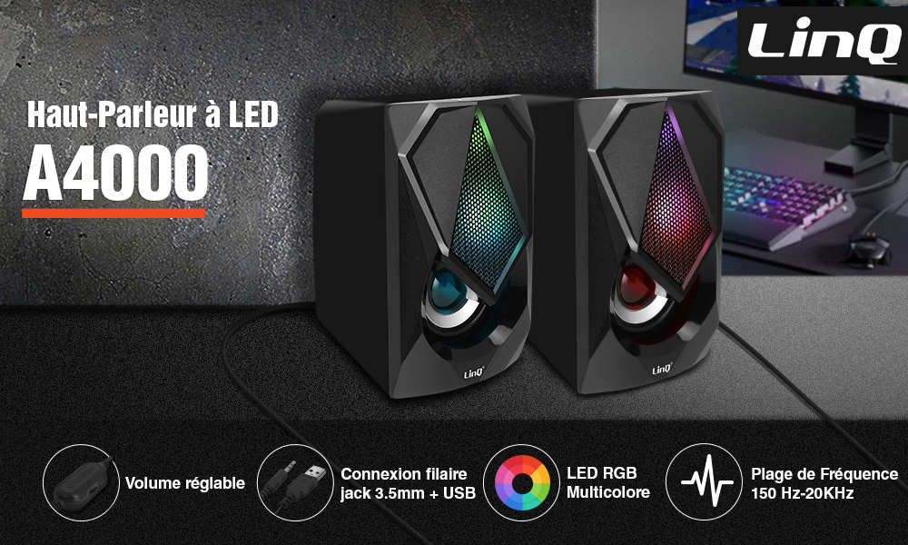 Enceinte PC Gaming RGB Filaire, Haut-Parleur 2.0, LinQ A4000 - Noir 19 Enceinte Filaire Jack 3.5mm LinQ A4000 - Noir