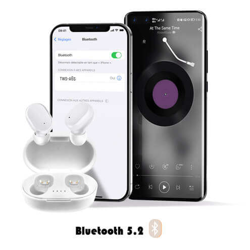 Écouteurs Sans Fil avec Boîtier de Charge Blanc avec Connexion Bluetooth 5.2