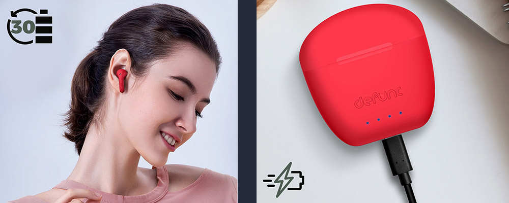 Écouteurs Sans-fil Intra-auriculaires, Bluetooth 5.3 Autonomie Totale 30 Heures, Defunc True Audio - Rouge 30 Vibrez en musique tout au long de la journée