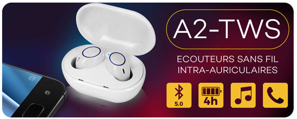 Écouteurs Sans Fil Bluetooth A2-TWS Avec Boitier De Charge, Intra-auriculaires - Blanc 22 Ecouteurs sans fil Bluetooth DT-2 avec boîtier de rangement