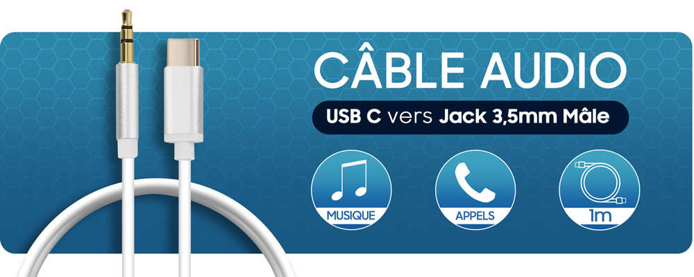 Câble USB C Jack 3,5mm Mâle Adaptateur Audio Auxiliaire 1m - Blanc 16 Câble audio USB-C mâle Jack 3,5 mm mâle