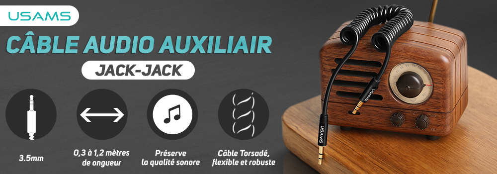 Câble audio stéréo Jack 3,5 mm mâle-mâle Anti-torsion Torsadé Flexible 1.2 mètre de longueur