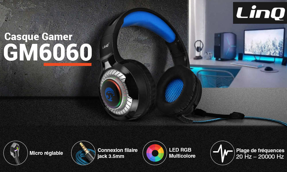 Casque Gamer Filaire Jack 3.5mm, Micro Réglable, Lumières RGB, LinQ GM6060