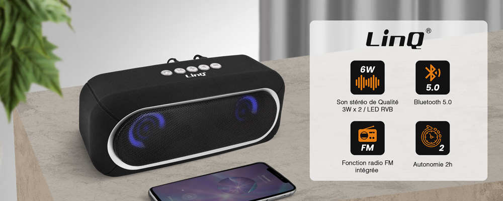 Enceinte Bluetooth Sans-fil, Radio FM à LED, Son Stéréo Puissant 6W LinQ - Noir 18 Enceinte Sans-fil 3W x 2 Bluetooth 5.0 Radio FM Entrée micro-SD Autonomie 2H noir LinQ