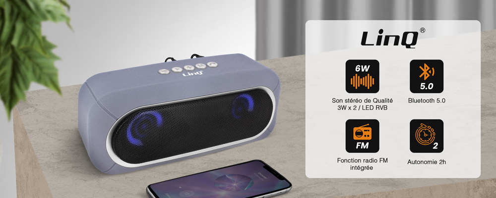 Enceinte Bluetooth Sans-fil, Son De Qualité 3W X 2 / LED RVB, LinQ - Gris 18 Enceinte Sans-fil 3W x 2 Bluetooth 5.0 Radio FM Entrée micro-SD Autonomie 2H Gris LinQ